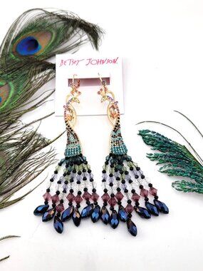 Betsey Johnson Peacock Earrings Statement Beaded Rhinestone Dangle Boho Glam